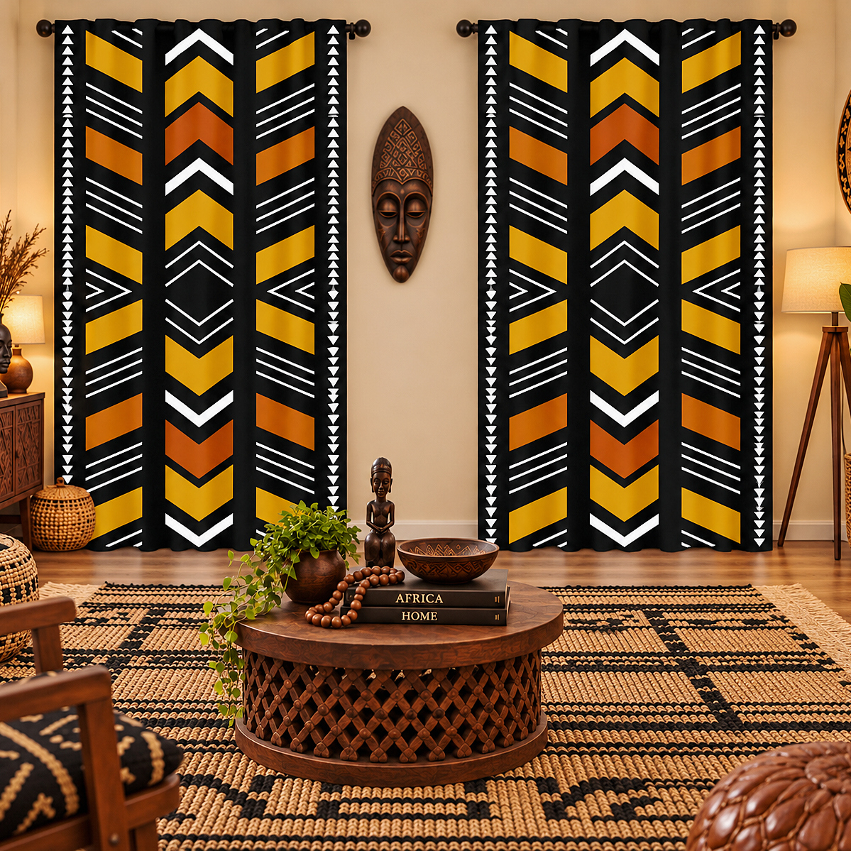 A pair of tall window curtains with a bold African-inspired geometric pattern in black, mustard yellow, orange, and white, hanging in a styled living room setting.