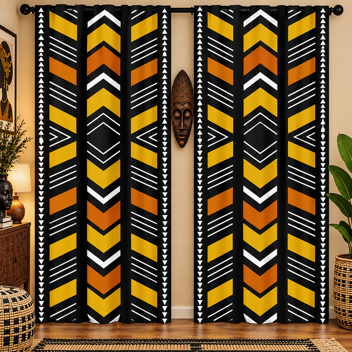 A pair of floor-length curtains hanging in a room, featuring a bold African-inspired geometric pattern with vertical stripes of yellow, orange, black, and white chevrons and triangles. The curtains are styled in a warm room setting with a wooden mask on the wall, plants, and a woven rug.
