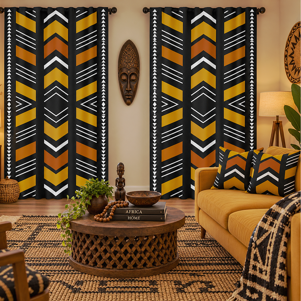 A styled living room featuring two tall window curtains with a bold African-inspired geometric pattern in black, mustard yellow, orange, and white. The room is decorated with a yellow sofa, a carved wooden coffee table, a patterned rug, and a warm, cozy ambiance.