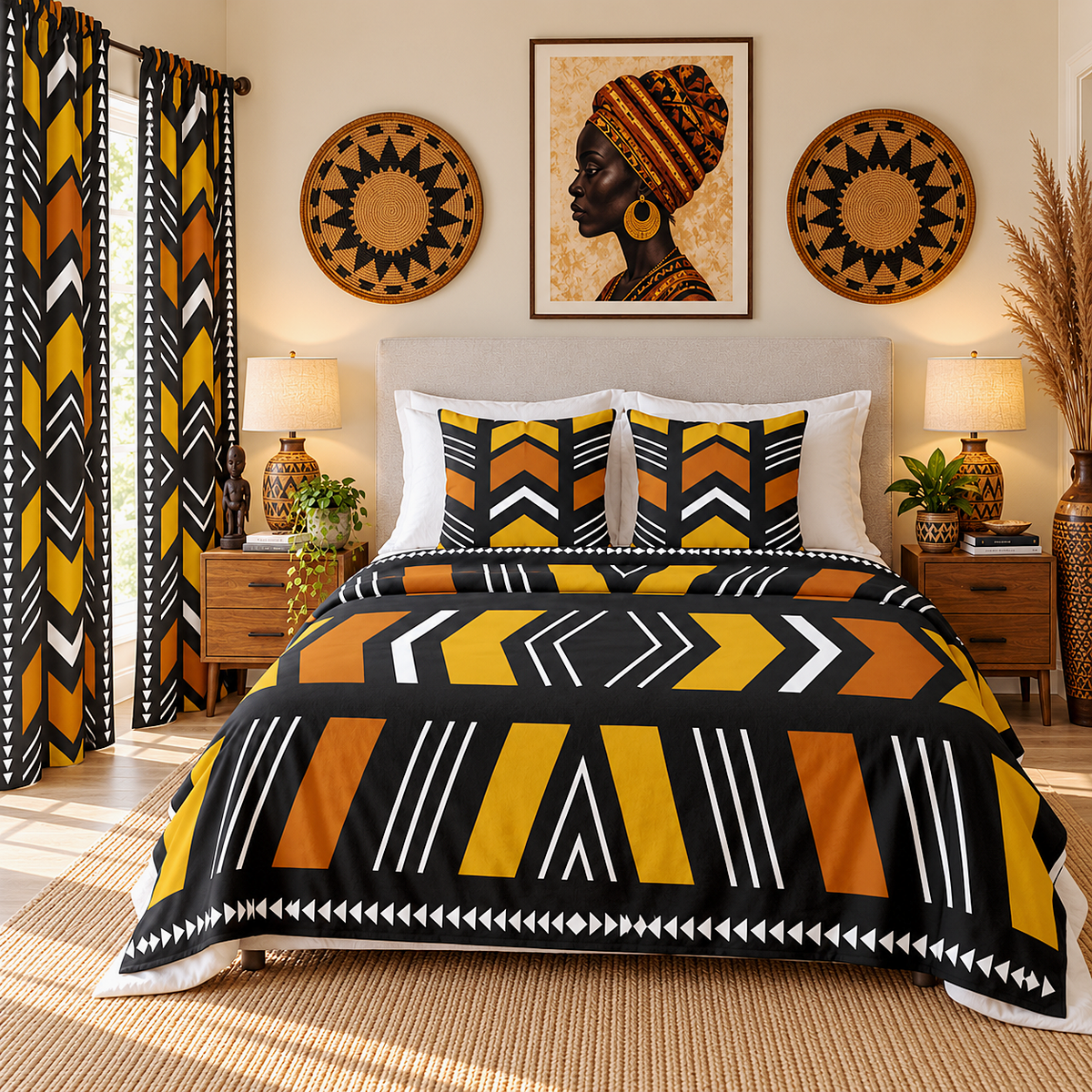 A styled bedroom scene showing a bed made with a bold geometric patterned bedding set. The duvet cover and two matching pillow shams feature large black, mustard yellow, orange, and white tribal-inspired stripes and arrow motifs.