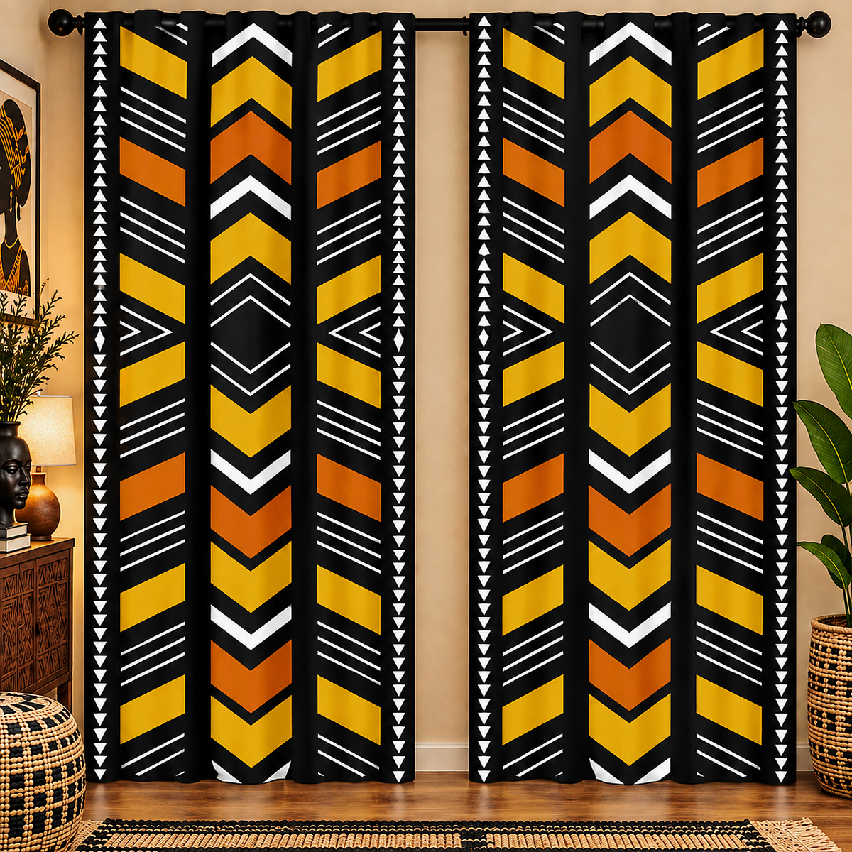 A pair of floor-length curtains hanging on a rod in a room. The curtains feature a bold African-inspired geometric pattern with vertical stripes of yellow, orange, black, and white chevrons and triangles.