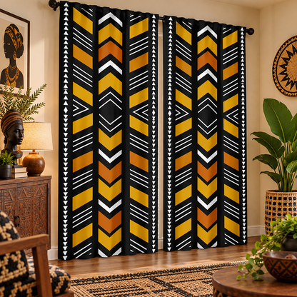 A pair of black curtains with a bold vertical geometric pattern in mustard yellow, orange, white, and black, hanging in a styled living room setting.