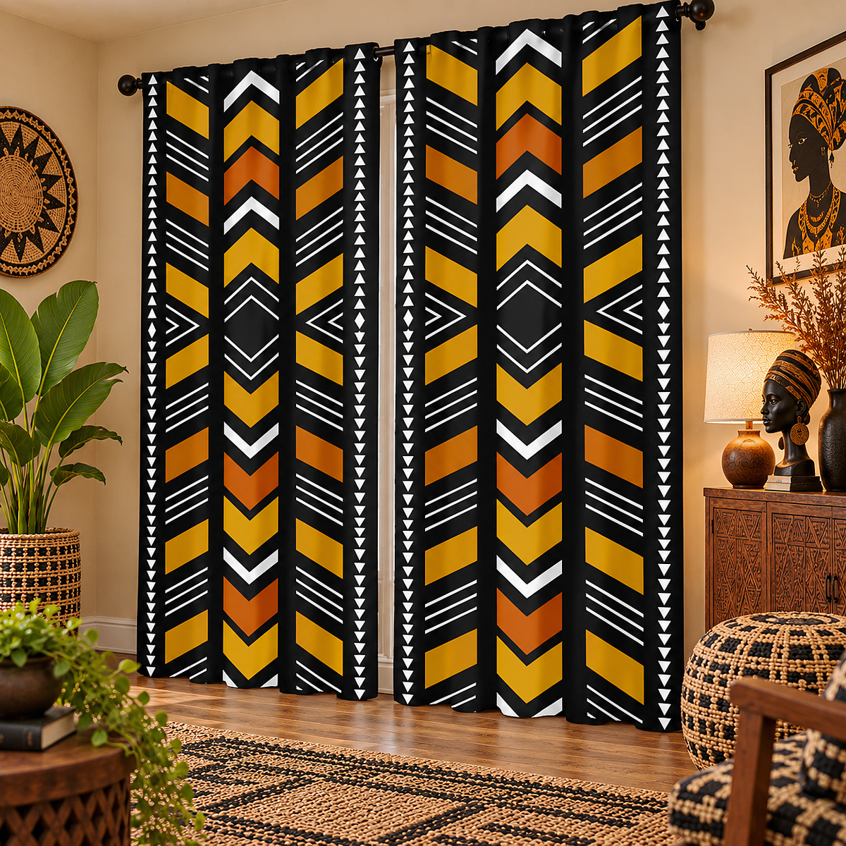 A pair of black curtains with a bold geometric pattern in yellow, orange, and white, hanging in a styled living room setting.