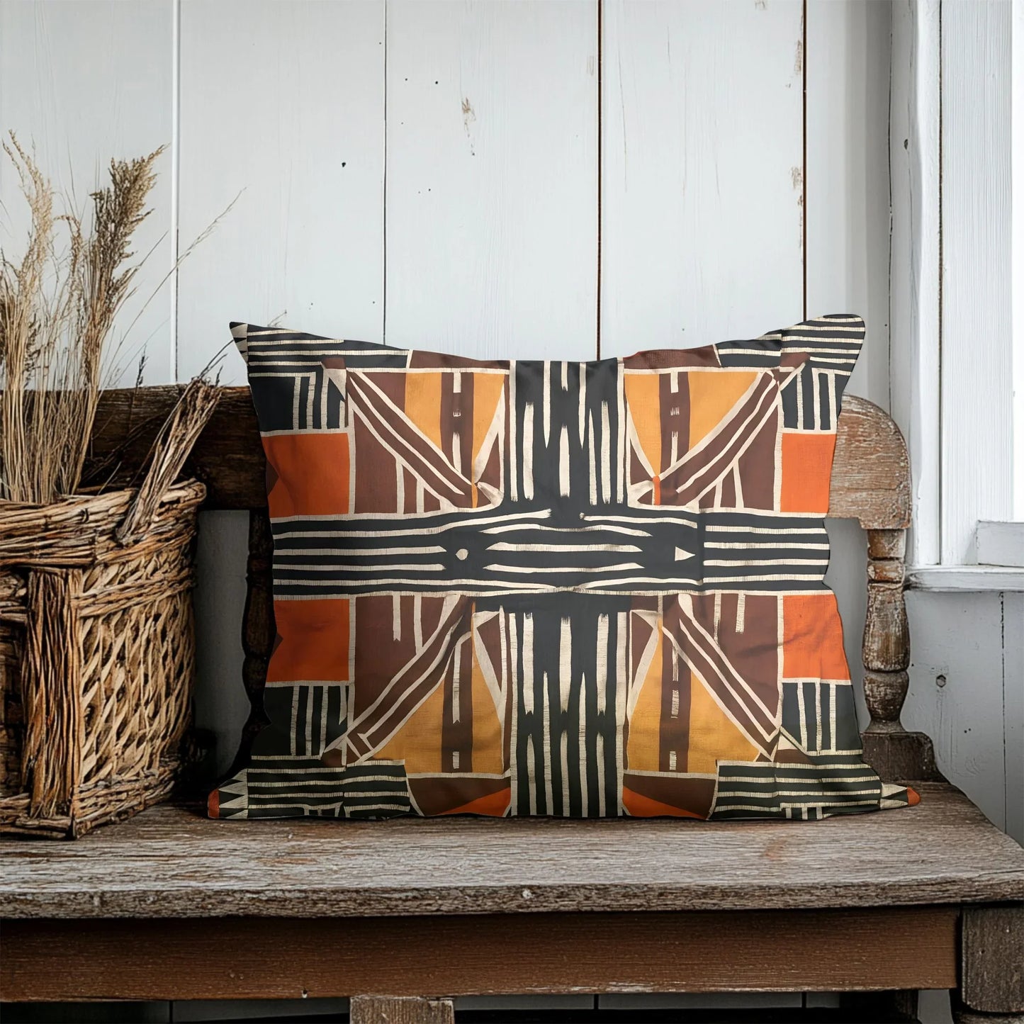 Mudcloth pattern throw pillow on rustic wooden bench with wicker basket and dried grass decor