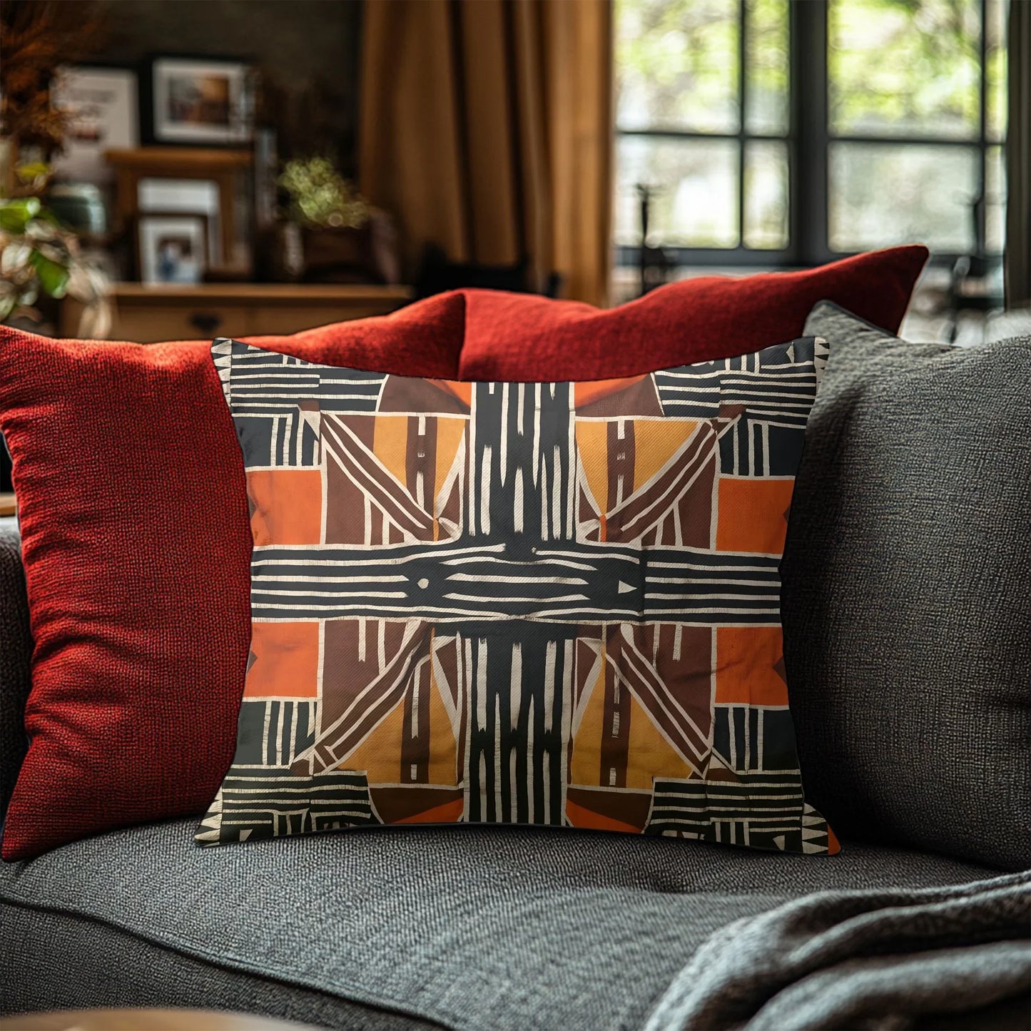 African mud cloth throw pillow on modern gray sofa with red accent pillows in cozy living room