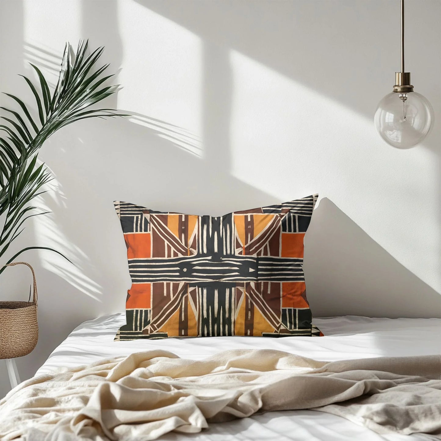 Boho throw pillow with geometric orange and brown pattern on a minimalist bed, natural light