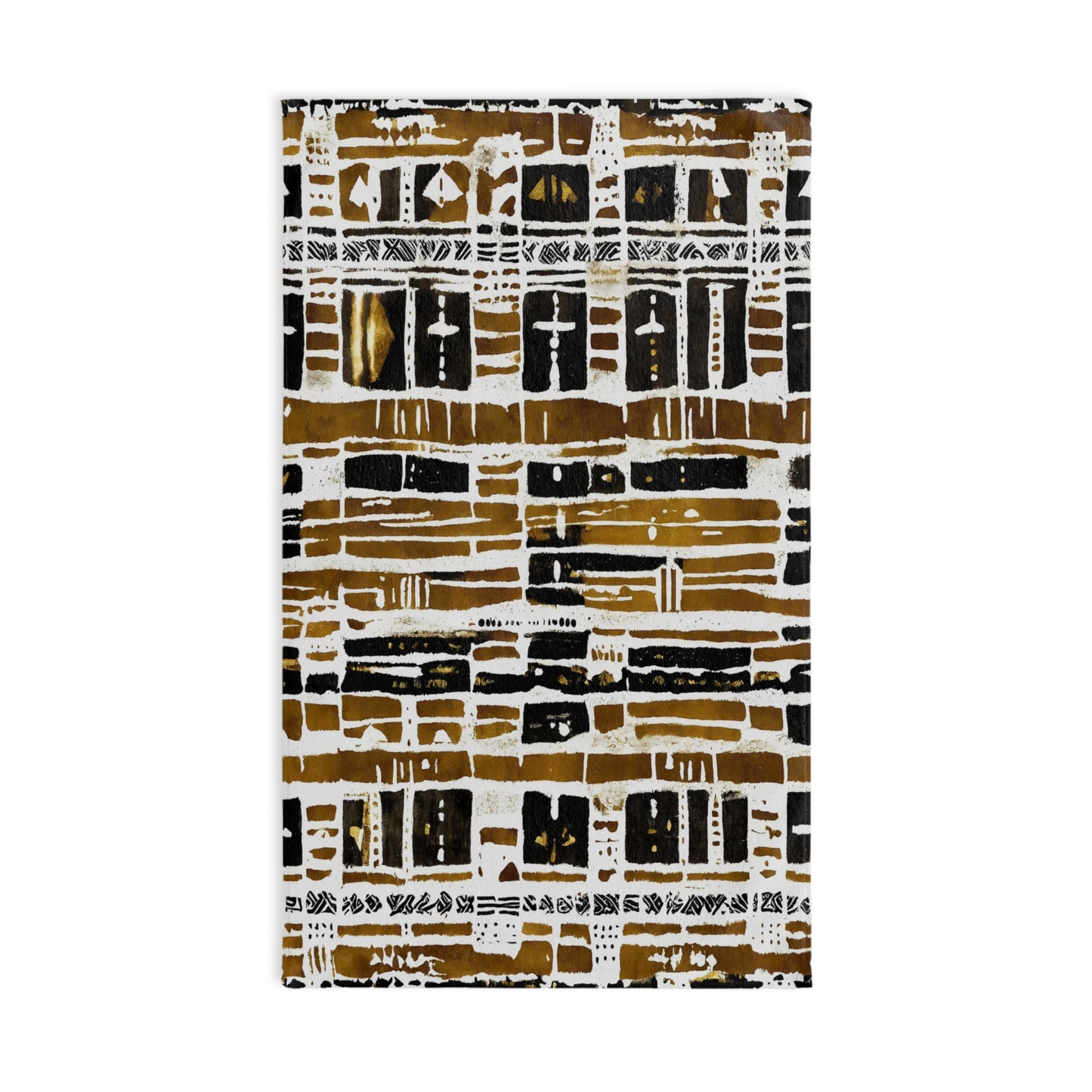 Tribal Print Towel with abstract pattern in brown, black, and white on a white background
