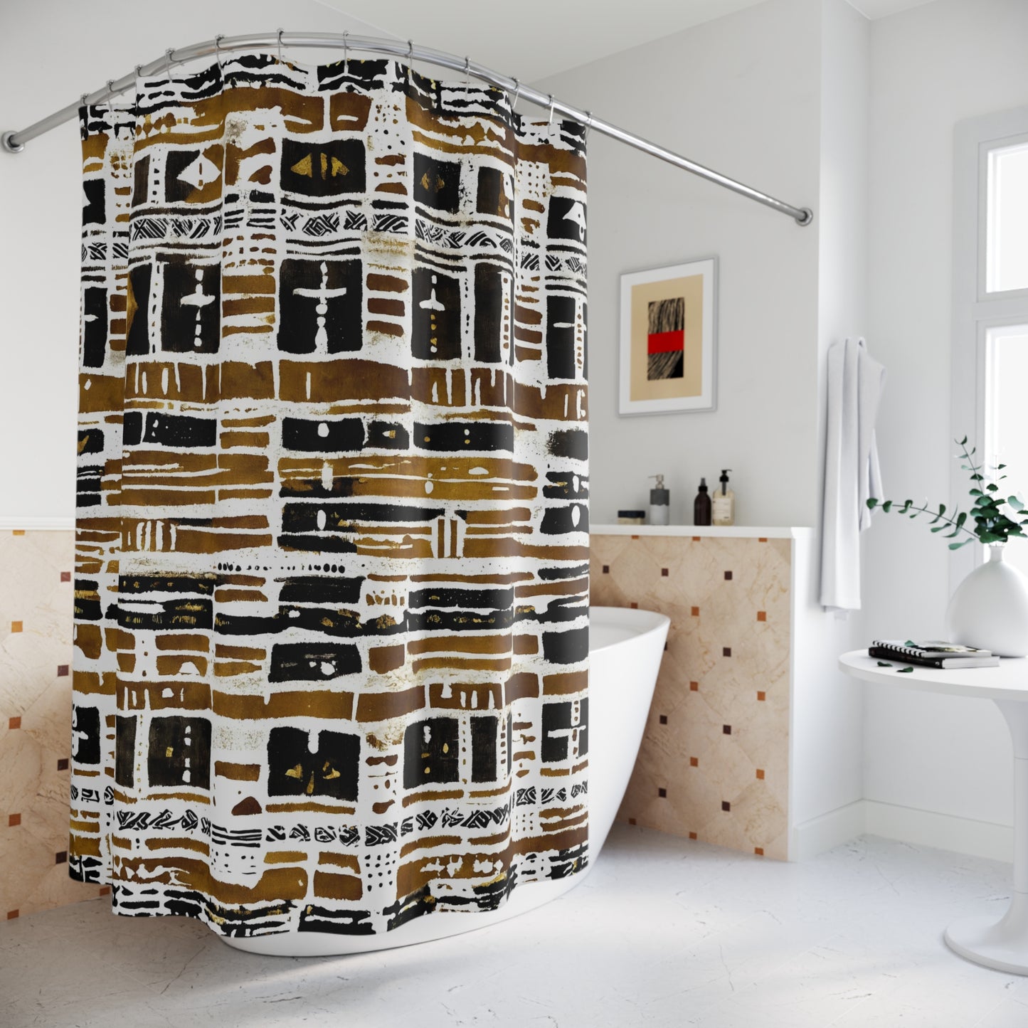 Patterned bathroom curtains in a bathroom setting