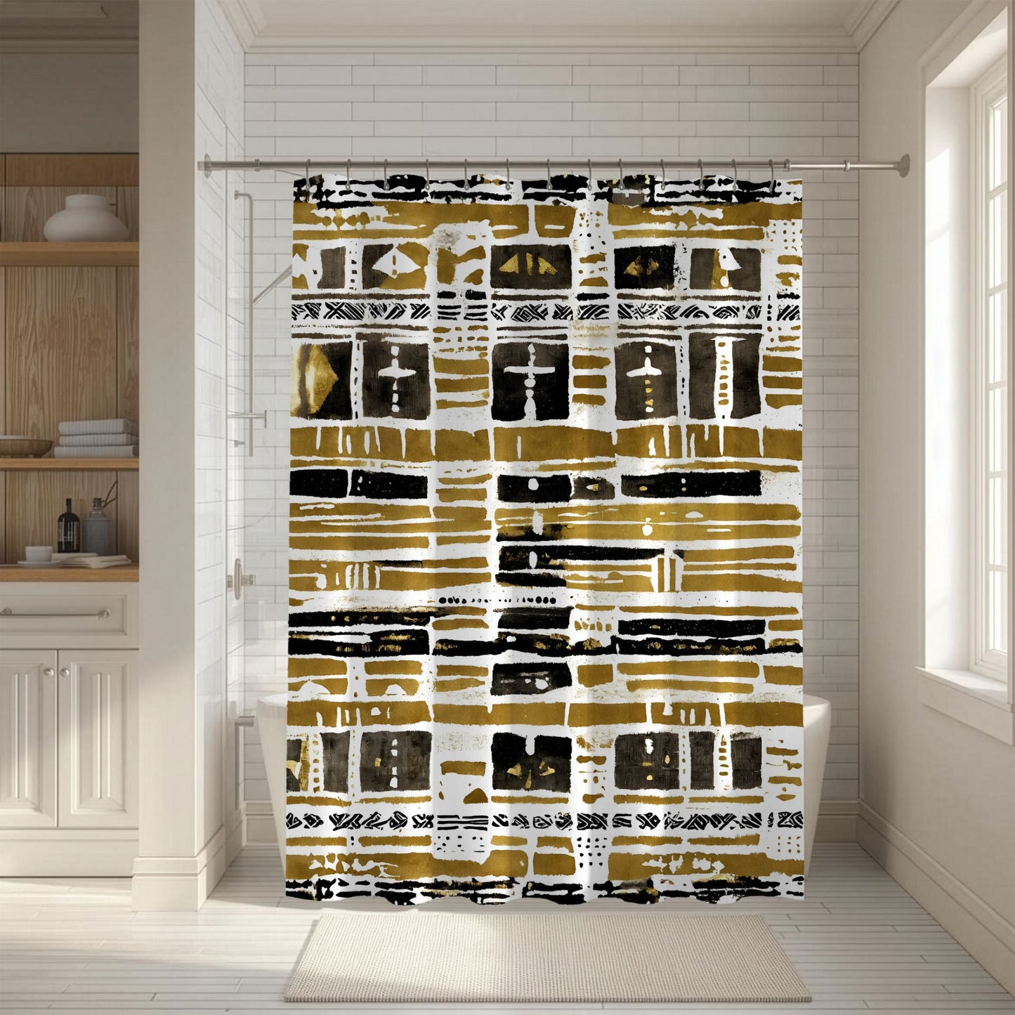 African print Shower curtain with geometric pattern in a bathroom setting