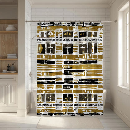 African print Shower curtain with geometric pattern in a bathroom setting