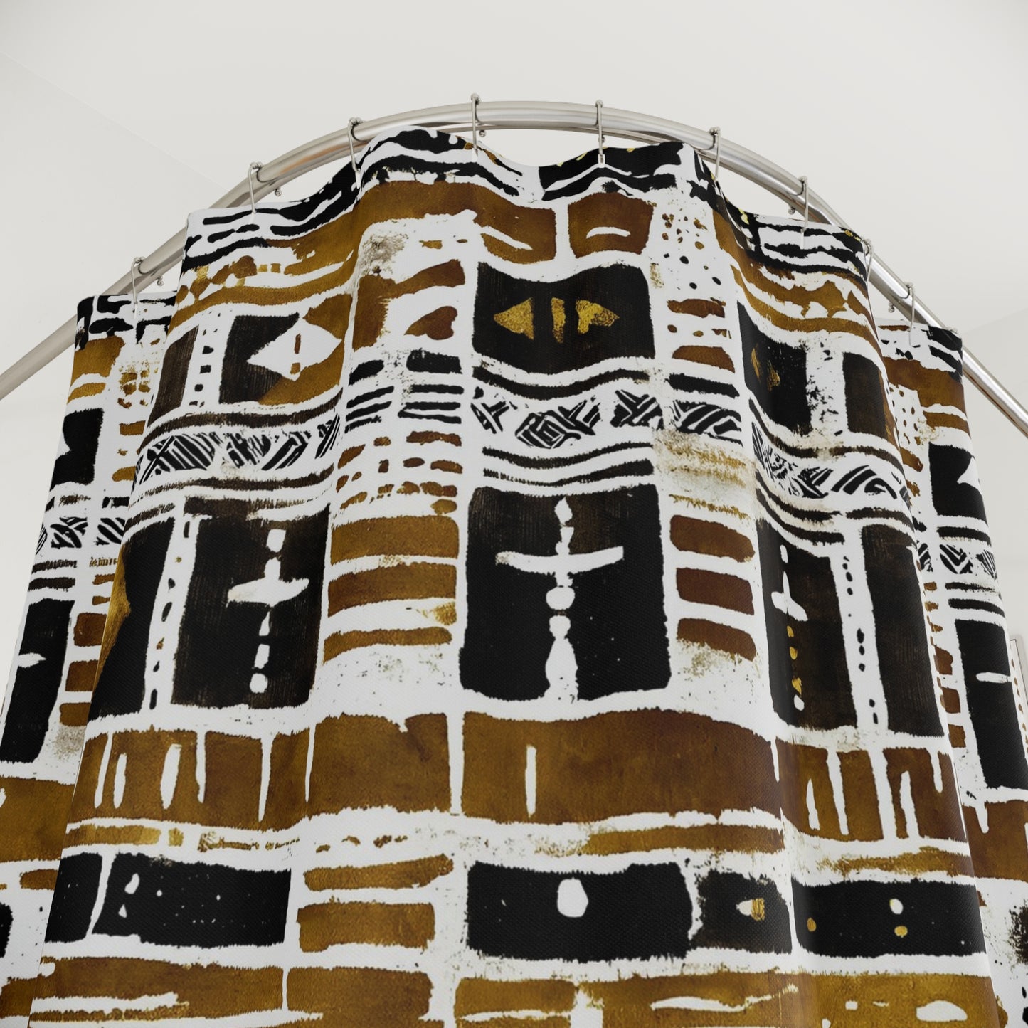 Tribal Shower Curtains with a geometric pattern on a metal rod against a white background