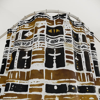 Tribal Shower Curtains with a geometric pattern on a metal rod against a white background