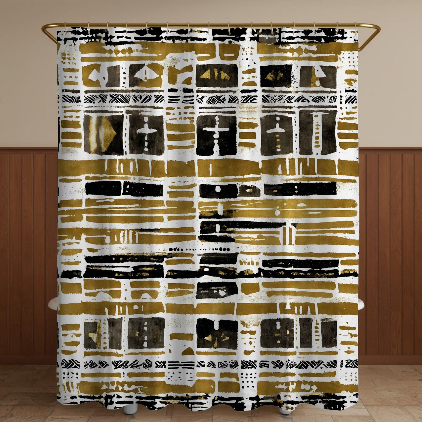 Modern shower curtain with geometric pattern in gold, black, and white on a wooden floor.
