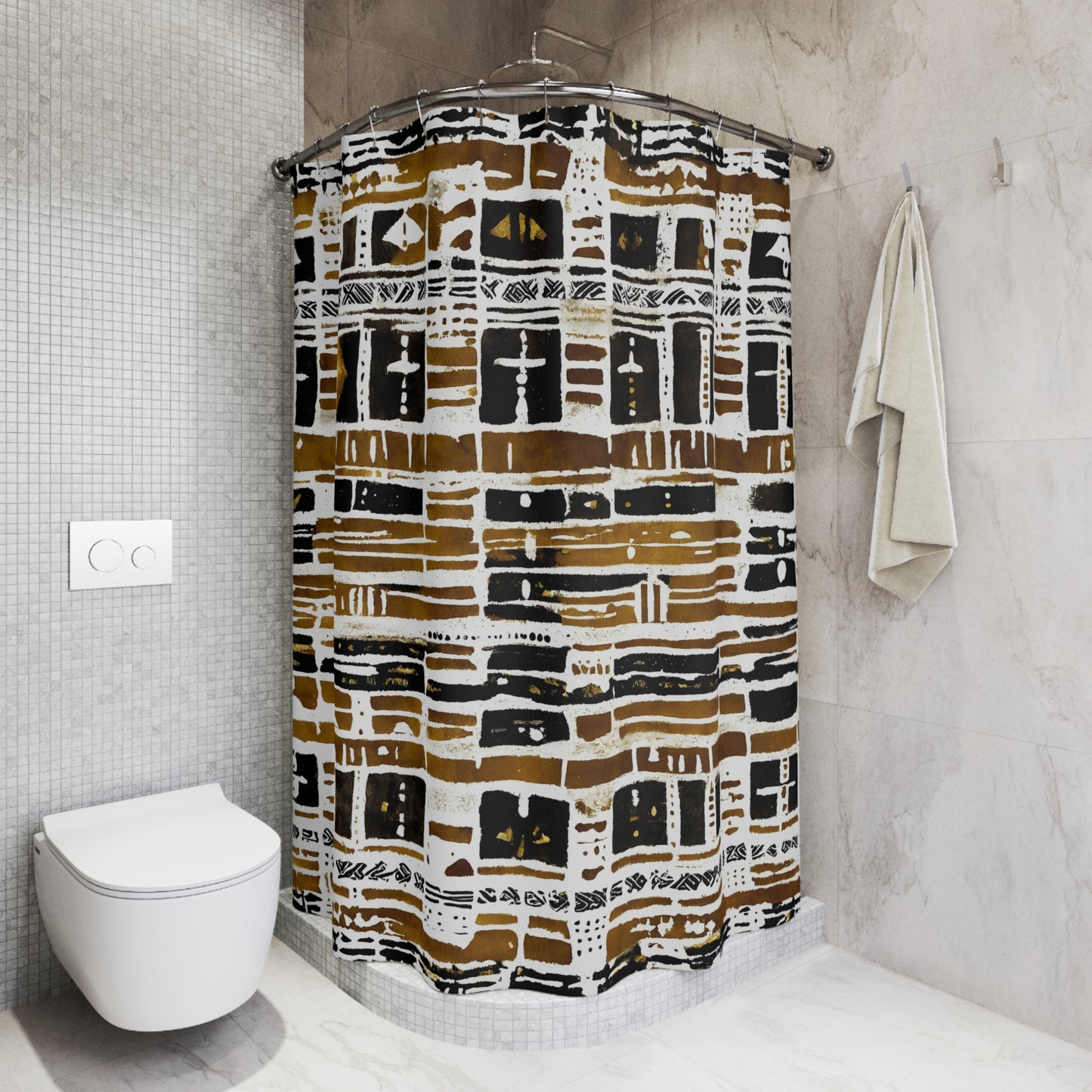 African Mudcloth Shower Curtain with geometric pattern in a bathroom setting