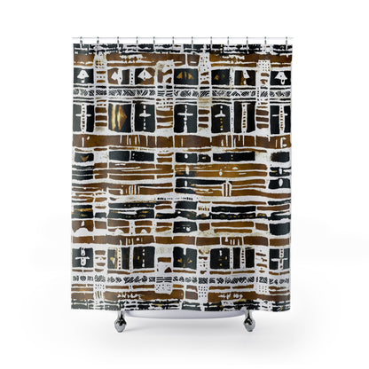 Shower curtain with a geometric pattern on a white background