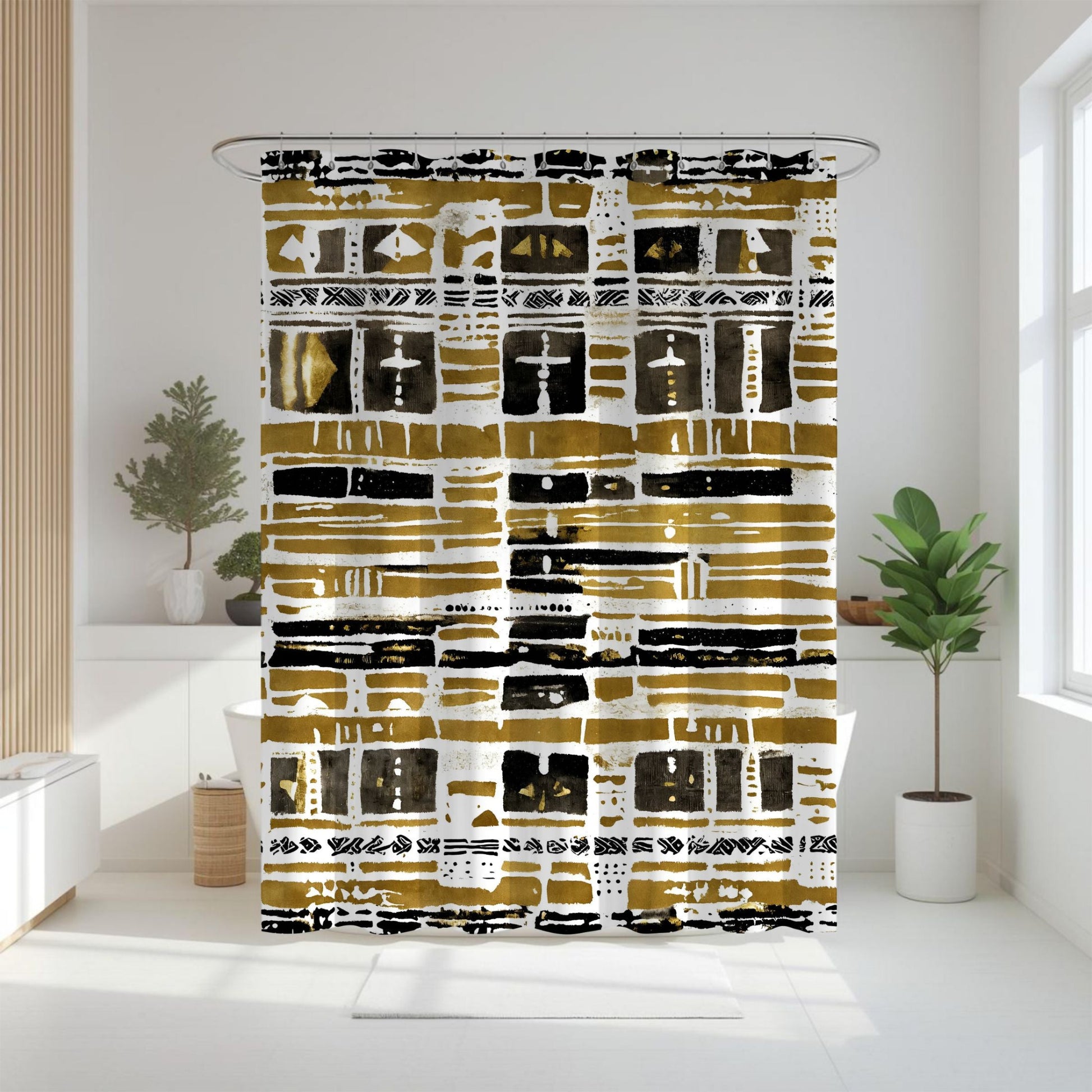 Mudcloth Shower curtain with geometric pattern in a bathroom setting
