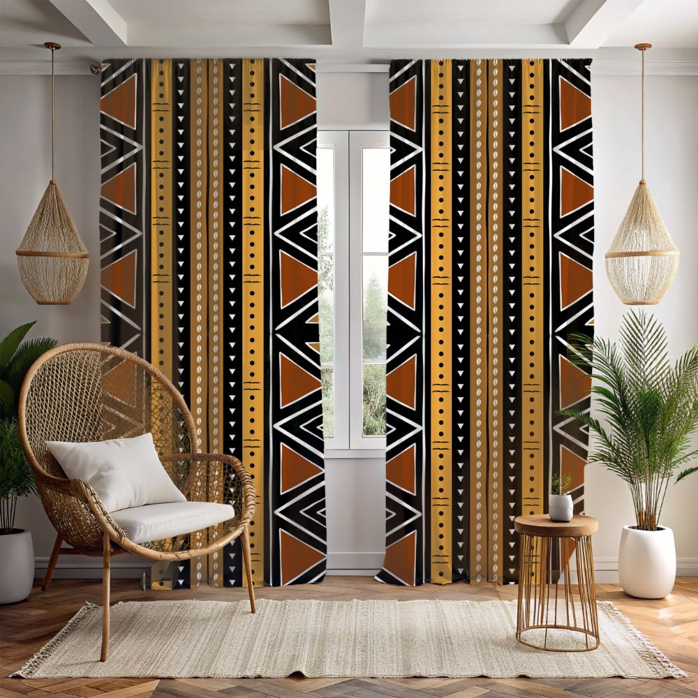 Living room with tribal patterned curtains, wicker chair, and wooden table.