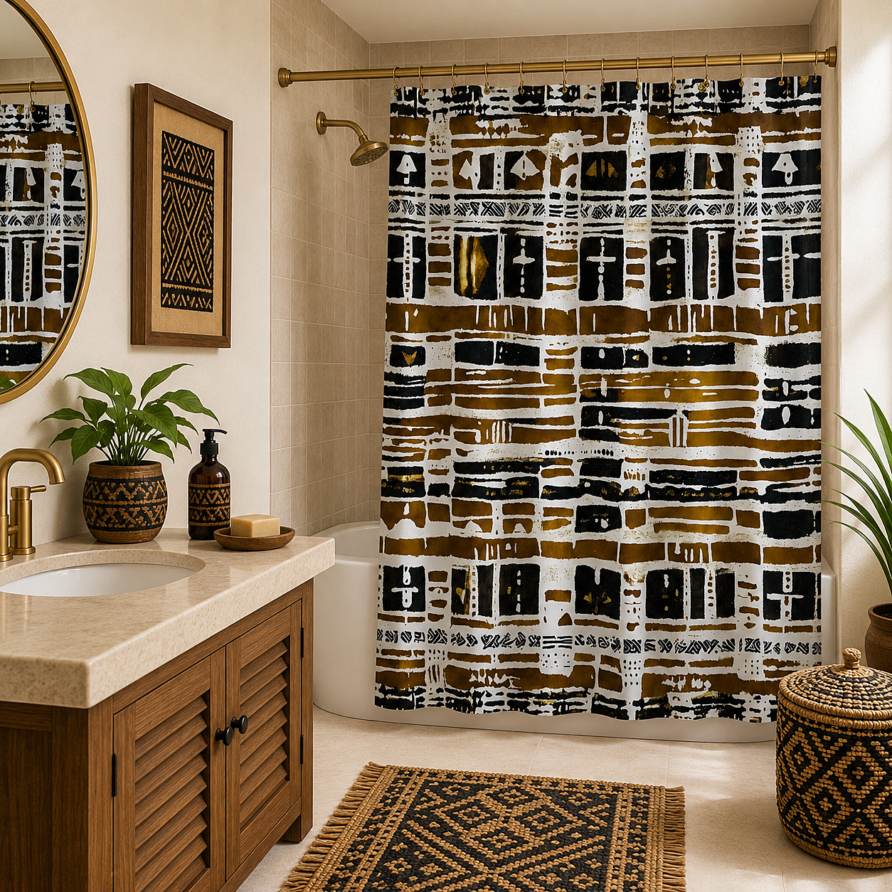 A bathroom scene featuring a shower curtain with an abstract black, brown, and white geometric pattern, styled in a warm, modern bathroom with a wooden vanity, gold fixtures, and a matching patterned rug.
