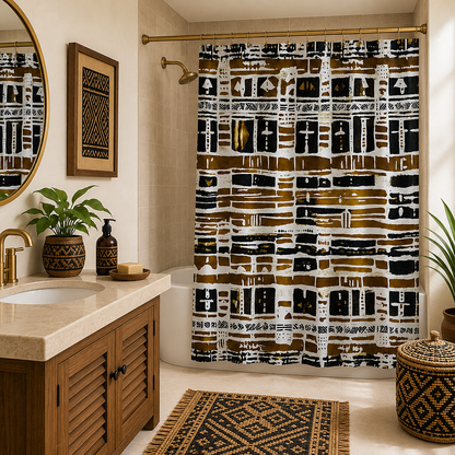 A bathroom scene featuring a shower curtain with an abstract black, brown, and white geometric pattern, styled in a warm, modern bathroom with a wooden vanity, gold fixtures, and a matching patterned rug.