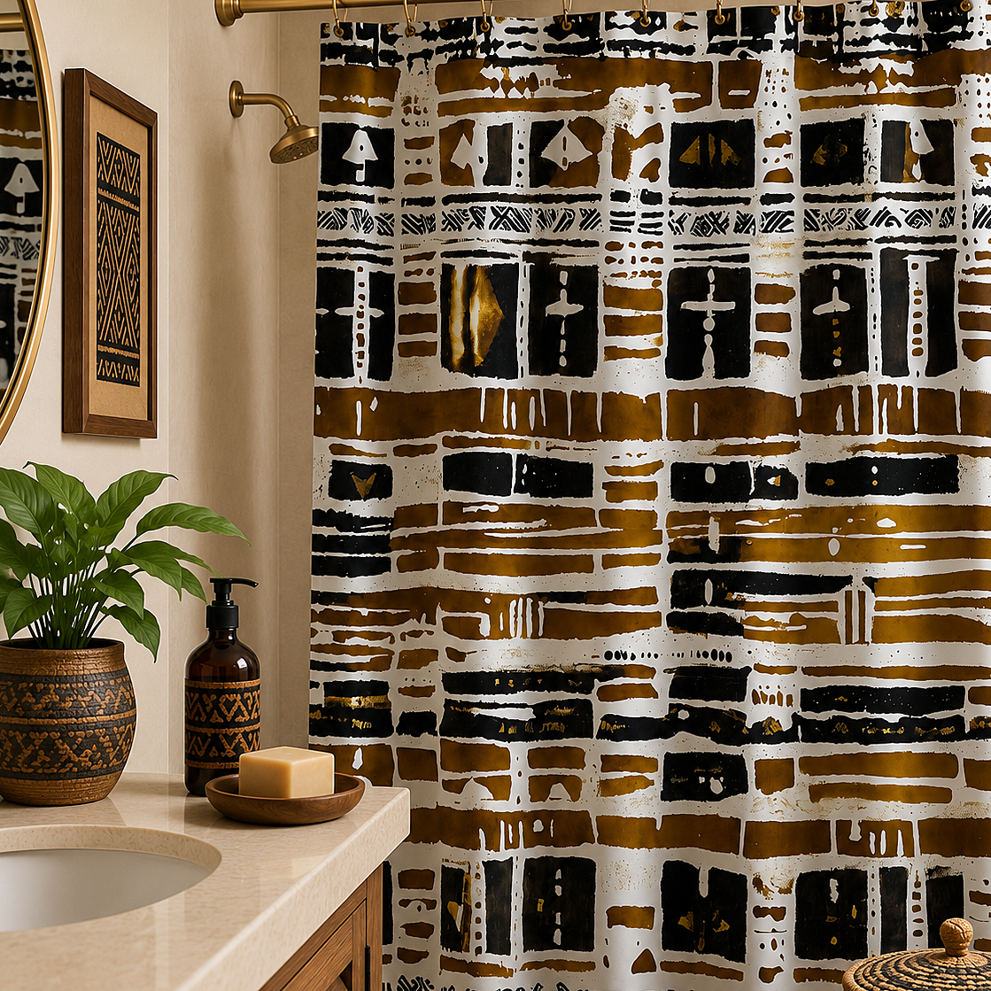 A bathroom scene showing a patterned shower curtain with an African-inspired geometric design in brown, black, and white. The curtain is hanging from a brass rod in a warm-toned bathroom with a marble countertop, a potted plant, and a soap dispenser.