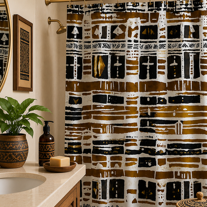 A bathroom scene showing a patterned shower curtain with an African-inspired geometric design in brown, black, and white. The curtain is hanging from a brass rod in a warm-toned bathroom with a marble countertop, a potted plant, and a soap dispenser.