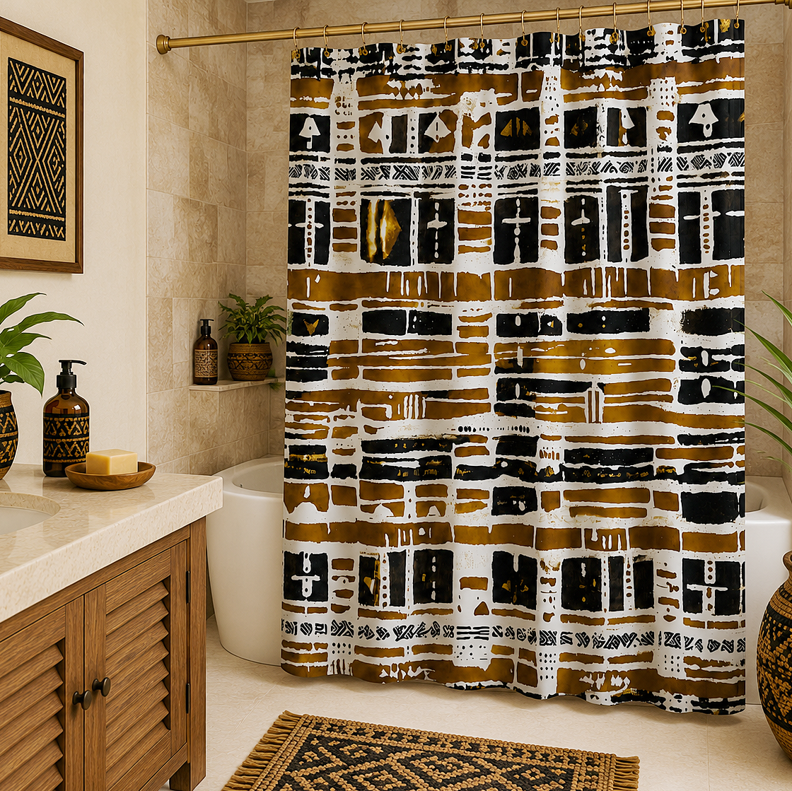 A bathroom shower curtain with an African-inspired geometric pattern in black, white, and ochre brown, hanging in a modern bathroom setting.