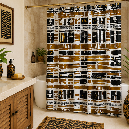 A bathroom shower curtain with an African-inspired geometric pattern in black, white, and ochre brown, hanging in a modern bathroom setting.