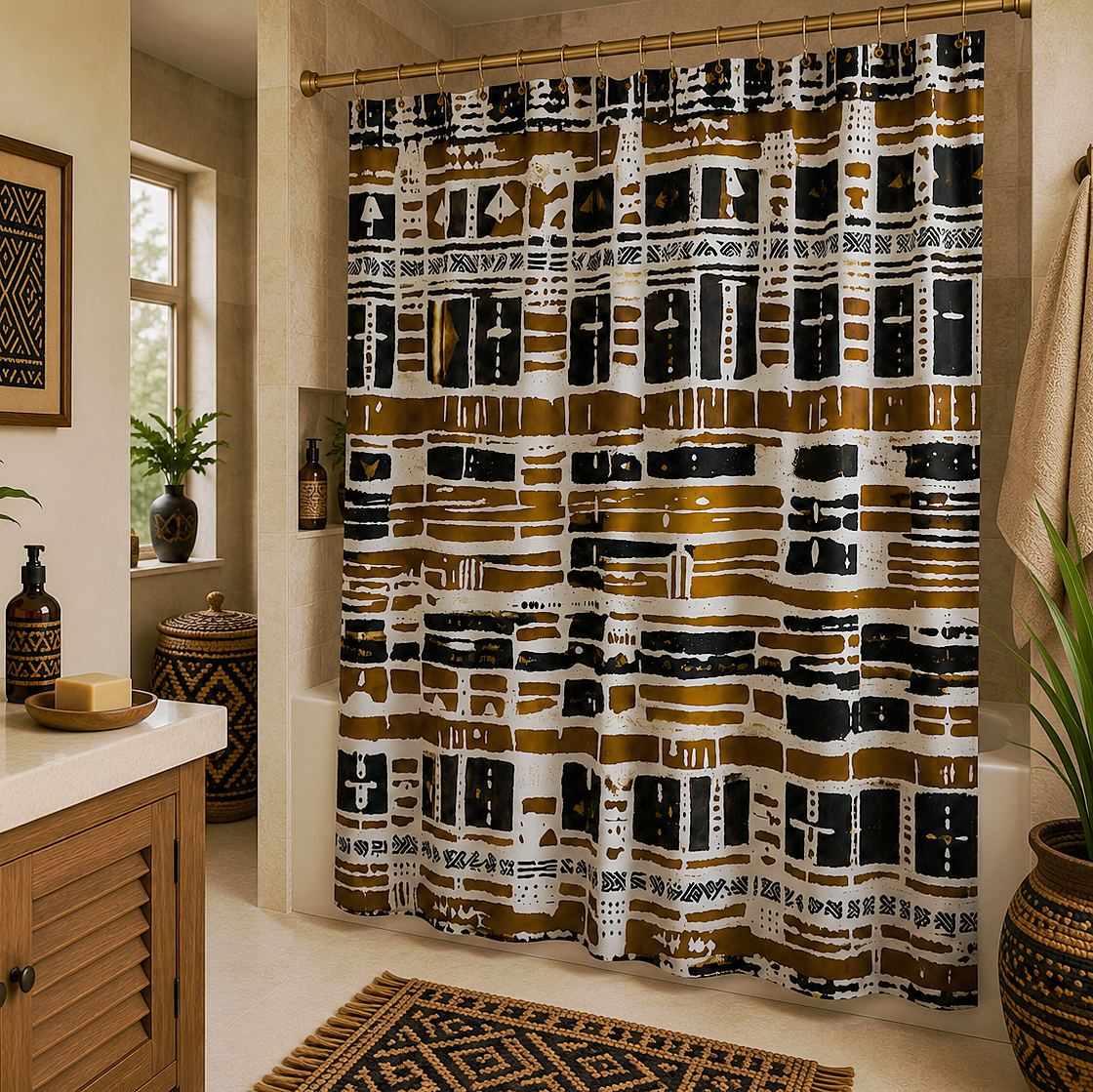 A patterned shower curtain hanging in a bathroom, featuring a bold geometric and tribal-inspired design in black, white, and ochre brown. The curtain is shown in a styled bathroom setting with a wooden vanity, a patterned bath mat, and potted plants.