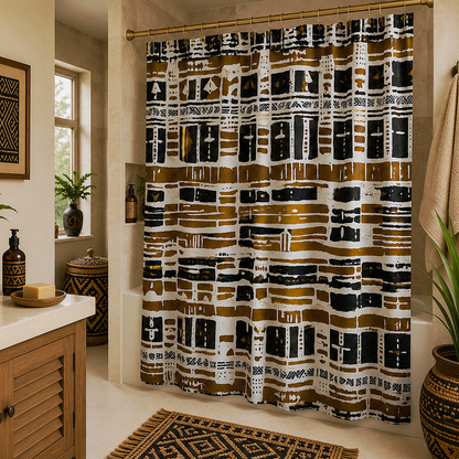 A patterned shower curtain hanging in a bathroom, featuring a bold geometric and tribal-inspired design in black, white, and ochre brown. The curtain is shown in a styled bathroom setting with a wooden vanity, a patterned bath mat, and potted plants.