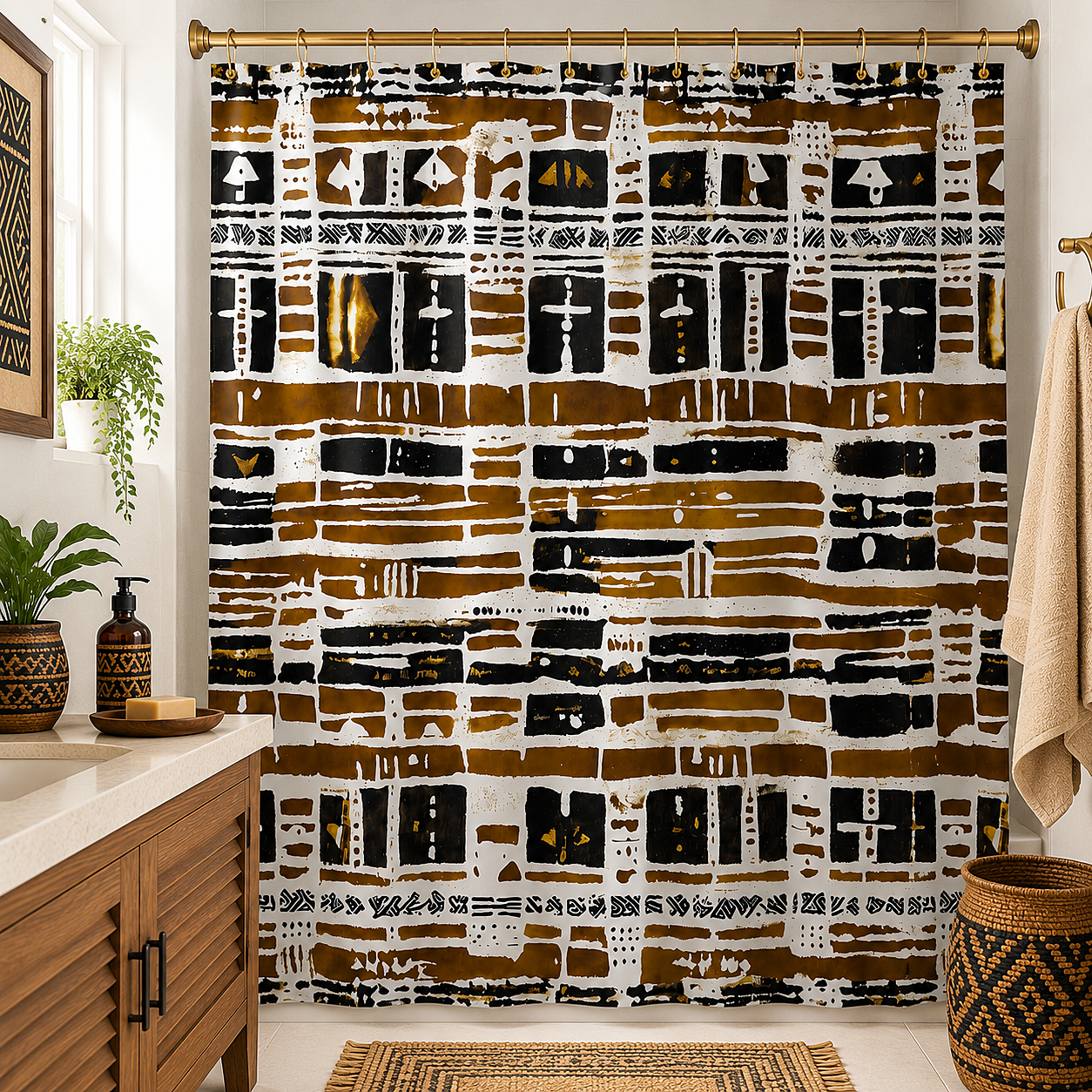 A shower curtain with an African-inspired tribal pattern in brown, black, and white, hanging in a styled bathroom setting with wooden cabinetry, a potted plant, and a woven basket.