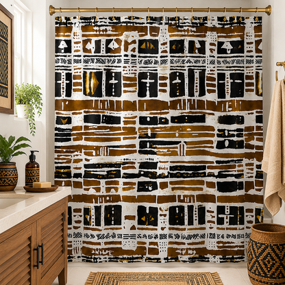 A shower curtain with an African-inspired tribal pattern in brown, black, and white, hanging in a styled bathroom setting with wooden cabinetry, a potted plant, and a woven basket.