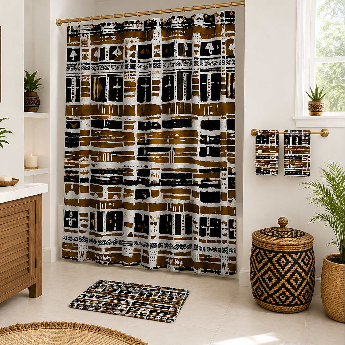 A bathroom scene showing a patterned shower curtain, matching bath mat, and matching towel set. The textiles feature an abstract geometric and tribal-inspired design in black, brown, and white.