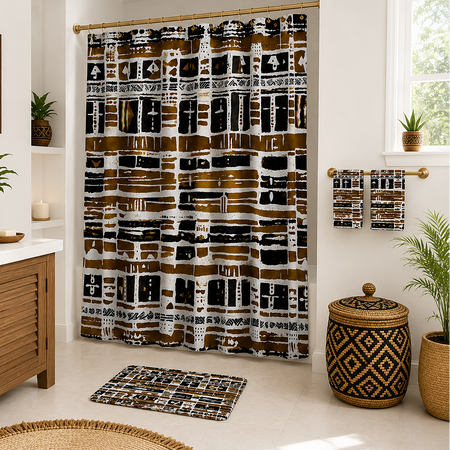 A bathroom scene showing a patterned shower curtain, matching bath mat, and matching towel set. The textiles feature an abstract geometric and tribal-inspired design in black, brown, and white.