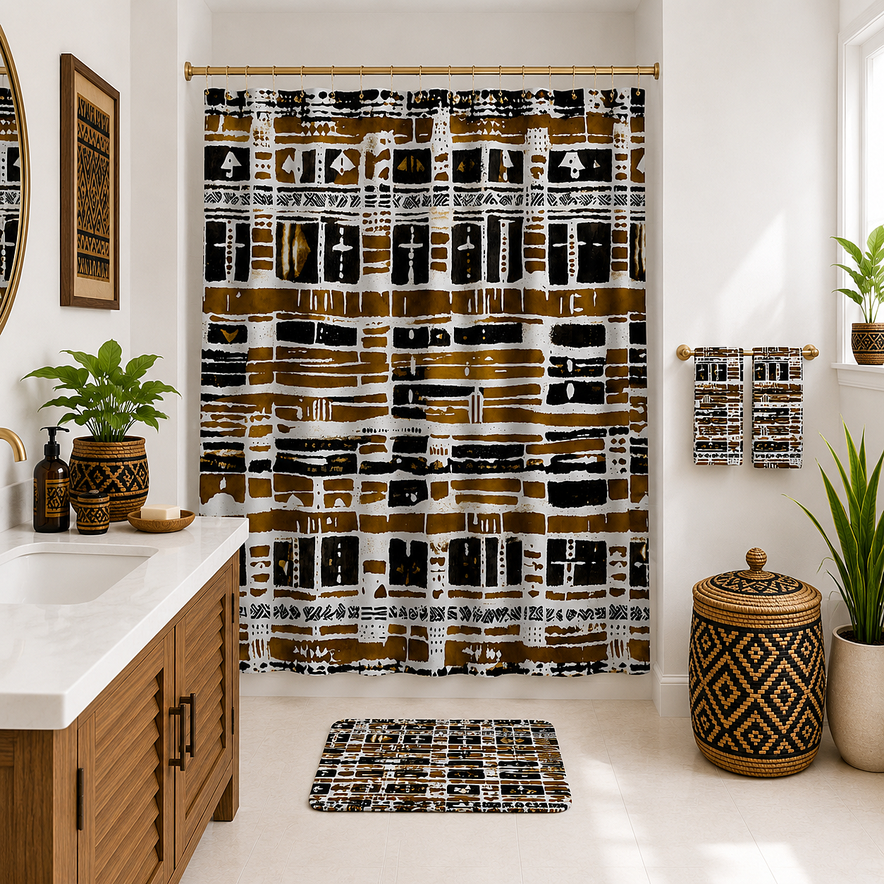 A bathroom scene showing a shower curtain, matching towel, and bath mat with a bold black, white, and brown geometric pattern. The room has white walls, a wooden vanity, and potted plants.
