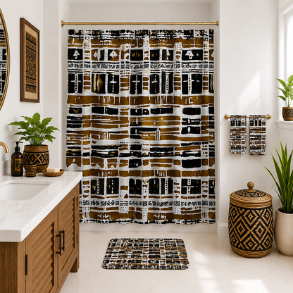A bathroom scene showing a shower curtain, matching towel, and bath mat with a bold black, white, and brown geometric pattern. The room has white walls, a wooden vanity, and potted plants.