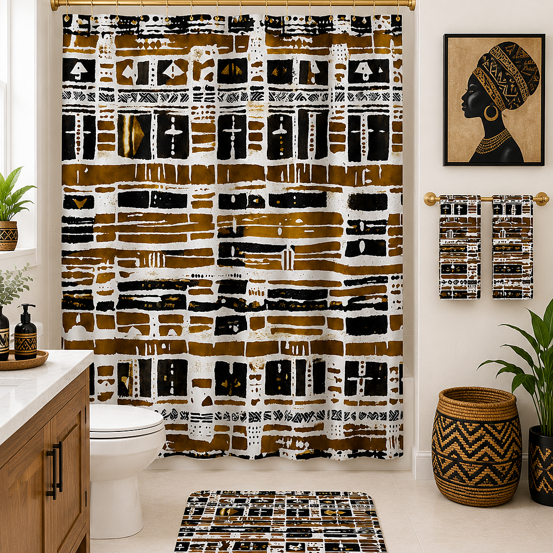 A bathroom scene featuring a shower curtain, matching towel, and bath mat in a bold black, white, and brown geometric pattern. The room includes a toilet, sink, plants, and decorative baskets.