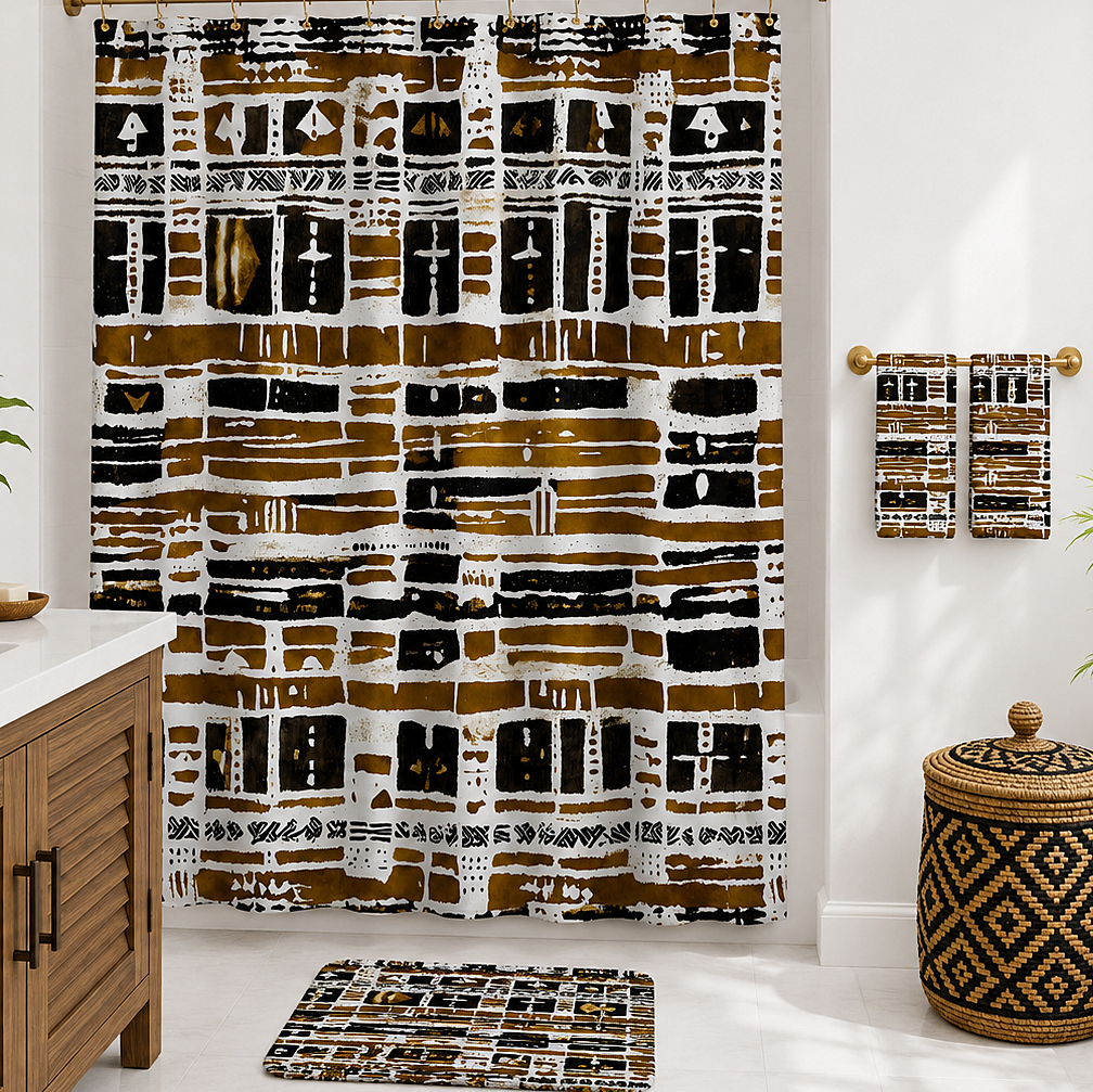 A bathroom scene showing a patterned shower curtain, matching bath mat, and folded towels in a coordinated black, white, and ochre-brown geometric design. The room includes a wooden vanity, white walls, and a woven storage basket.