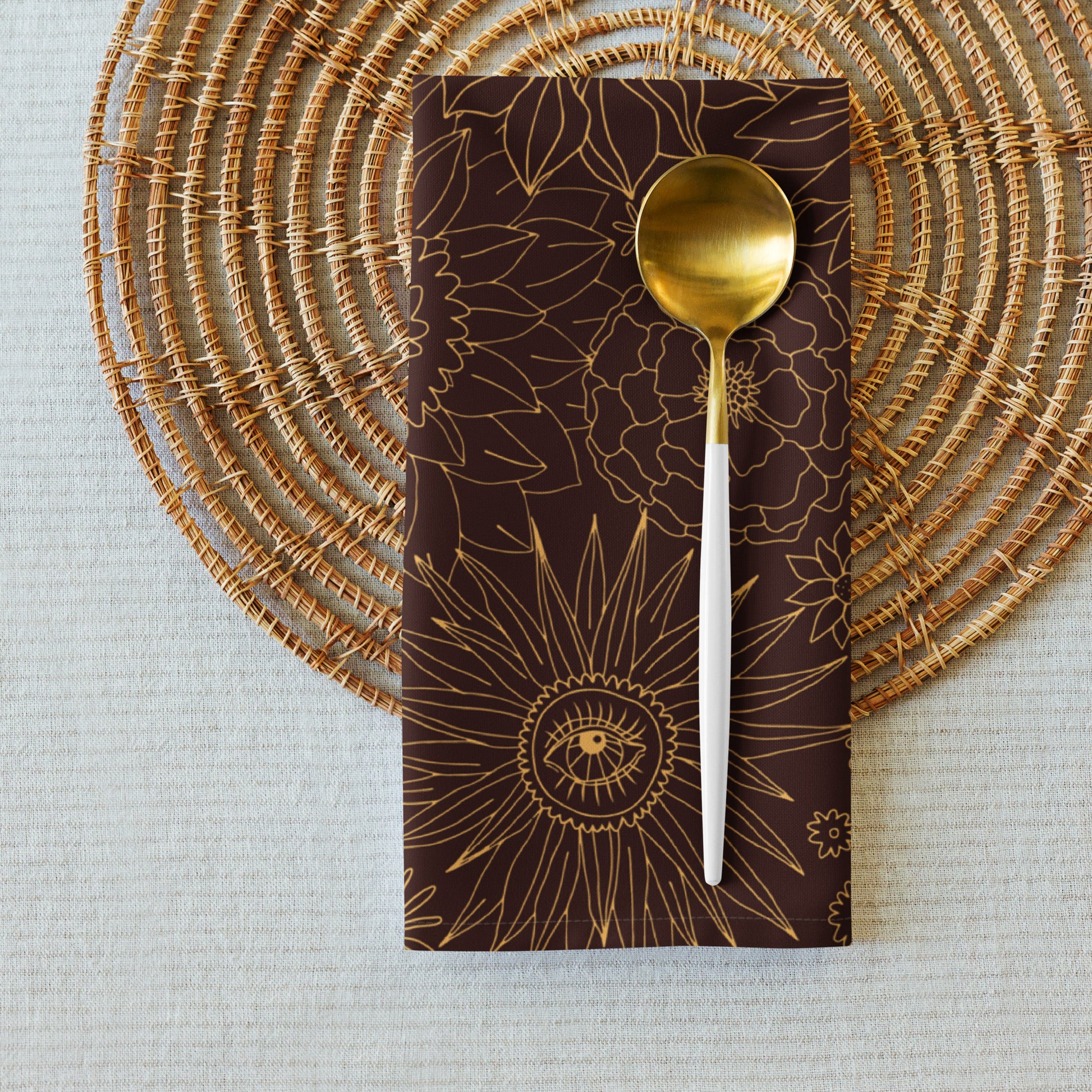 Bohemian cloth napkins featuring spiritual and ethnic patterns in earthy tones.