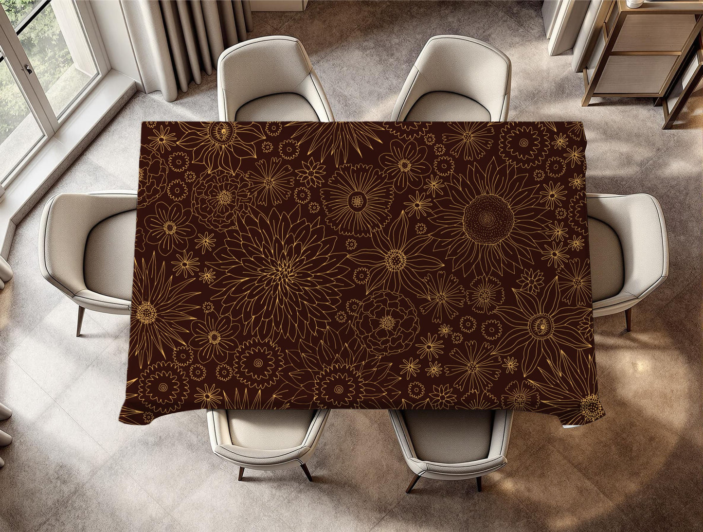 Table with a decorative brown tablecloth featuring floral patterns in a modern room.