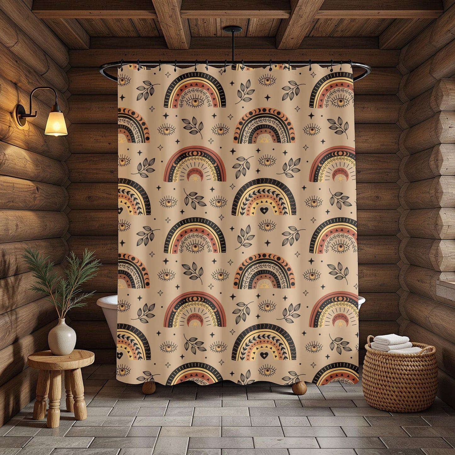 Decorative shower curtain with rainbow  evil eye pattern in a rustic bathroom setting