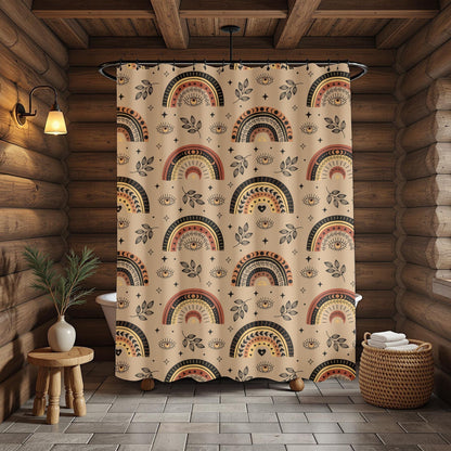 Decorative shower curtain with rainbow  evil eye pattern in a rustic bathroom setting