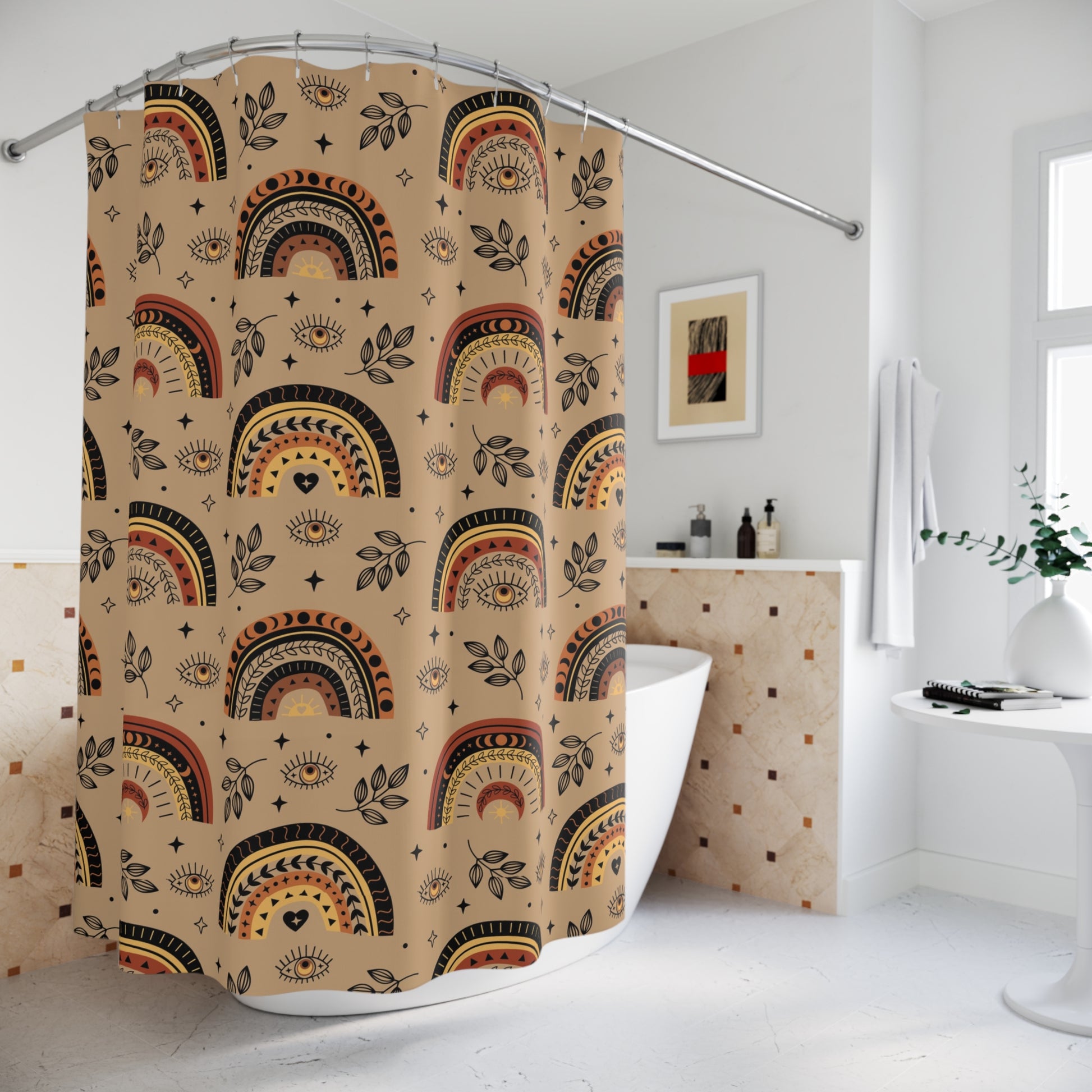 Shower curtain with geometric pattern in a bathroom setting