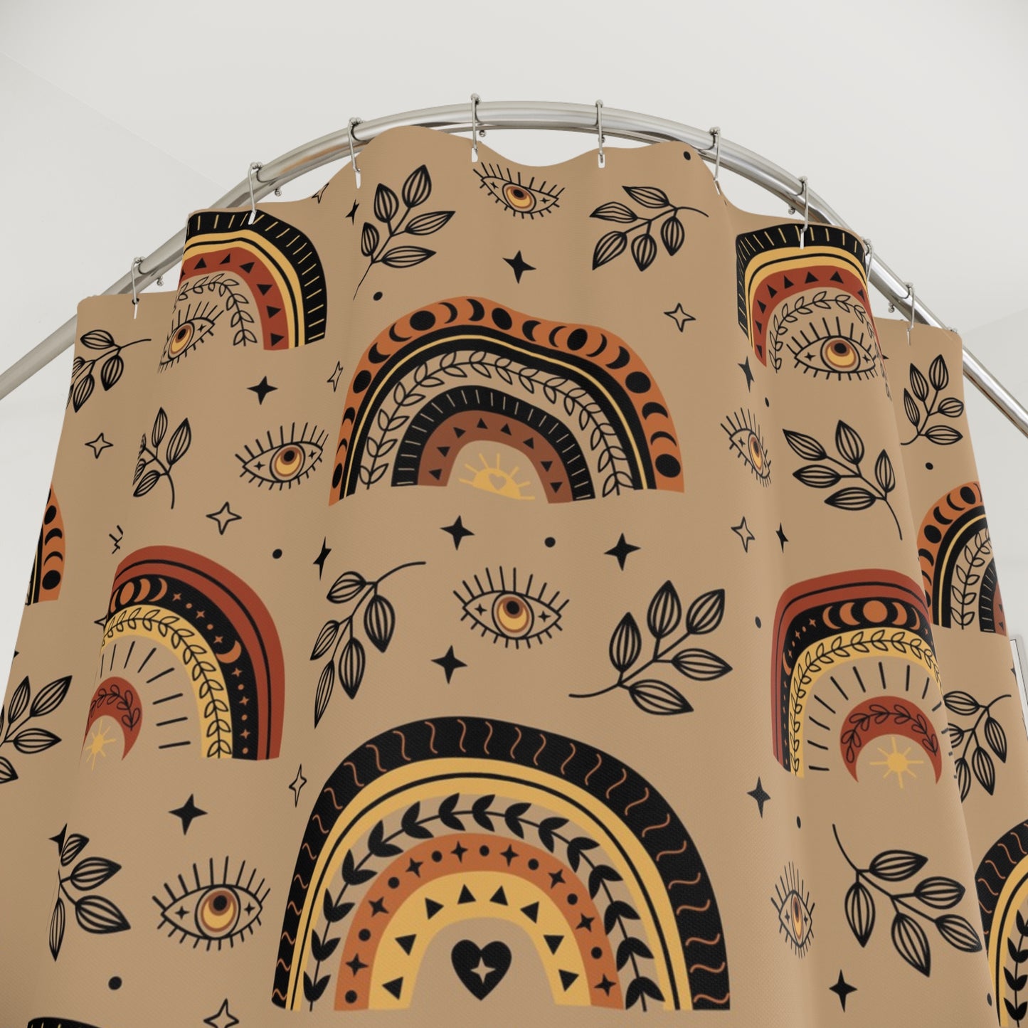 Fabric with bohemian pattern featuring rainbow shapes, evil eye, and leaves on a beige background.