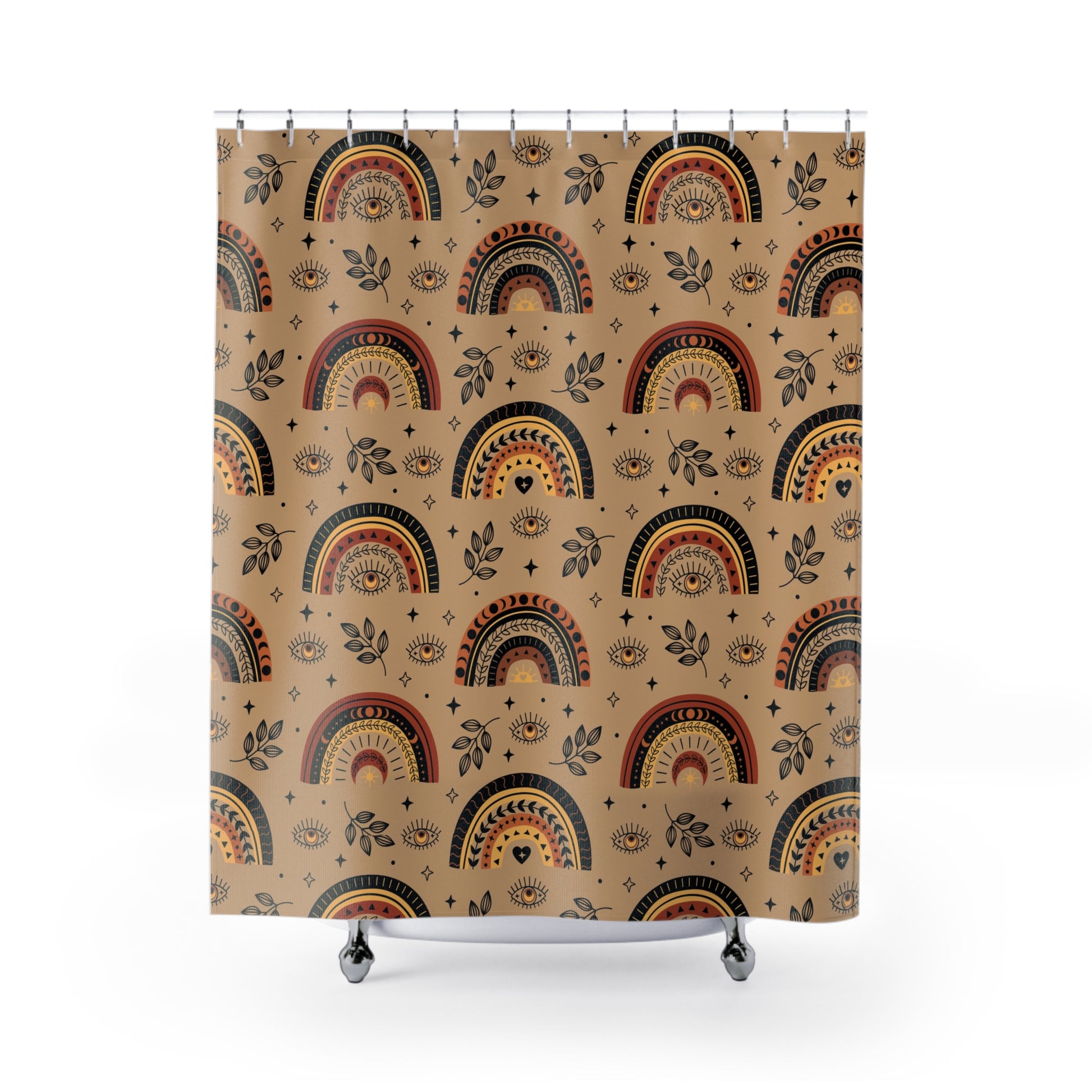 Shower curtain with rainbow and arch pattern on a beige background