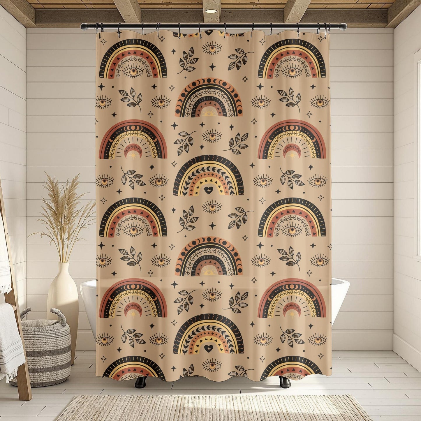 Shower curtain with rainbow and circle pattern in a bathroom setting