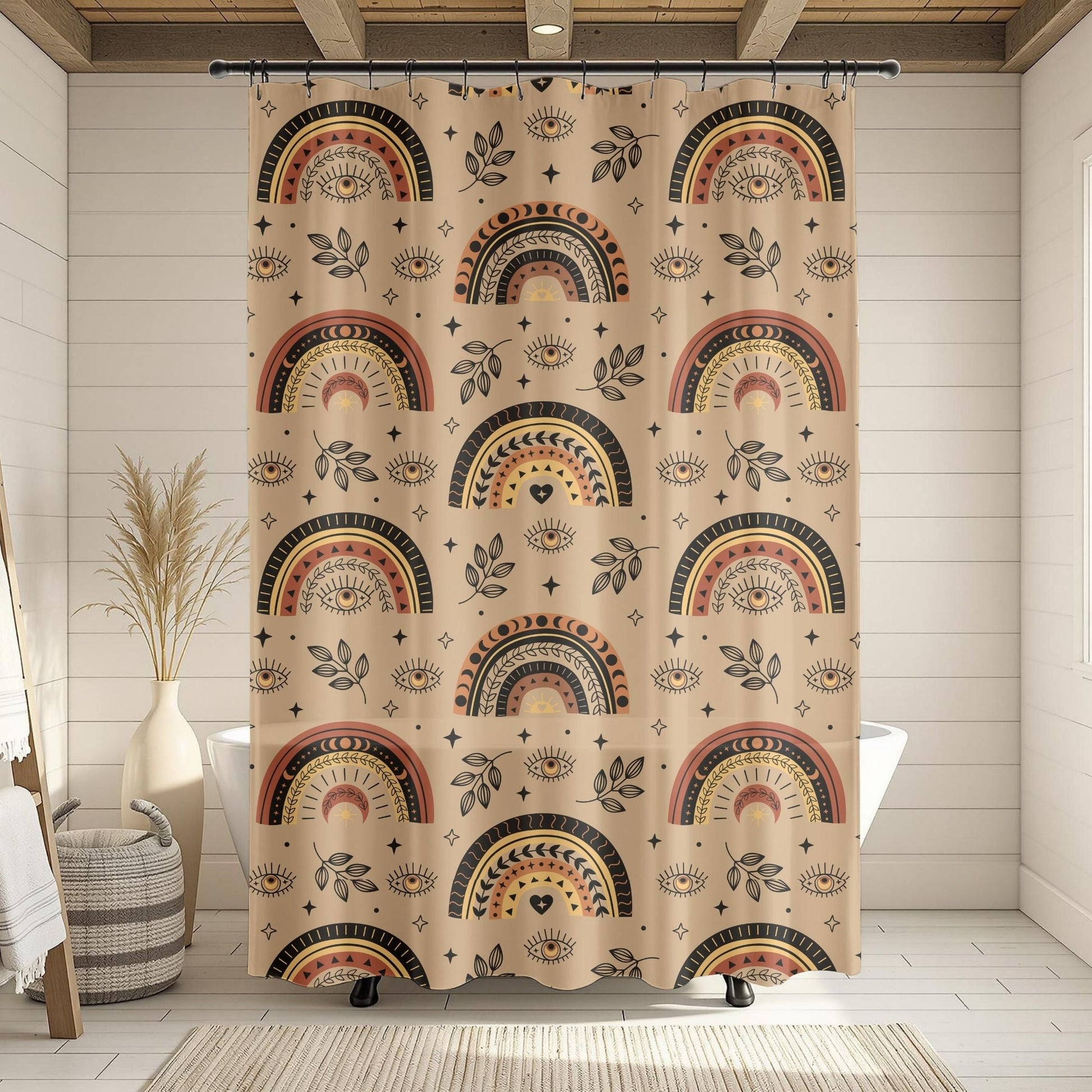 Shower curtain with rainbow and circle pattern in a bathroom setting