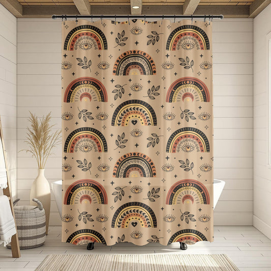 Shower curtain with rainbow and circle pattern in a bathroom setting