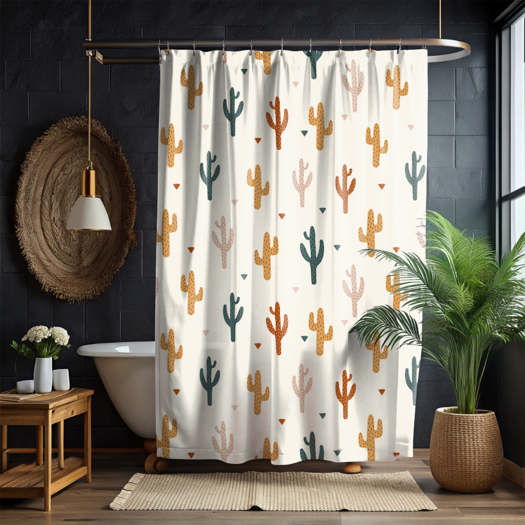 Shower curtain with cactus pattern in a bathroom setting