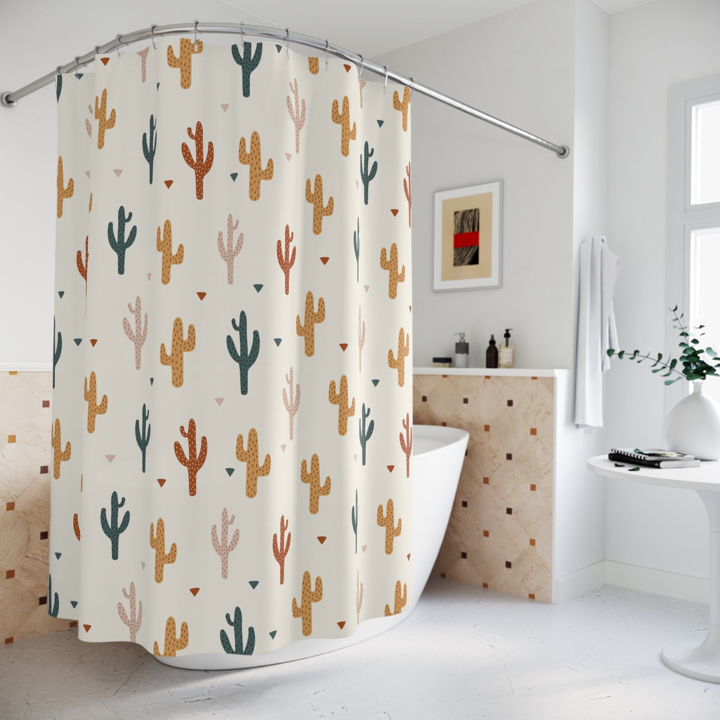 Shower curtain with cactus pattern in a bathroom setting