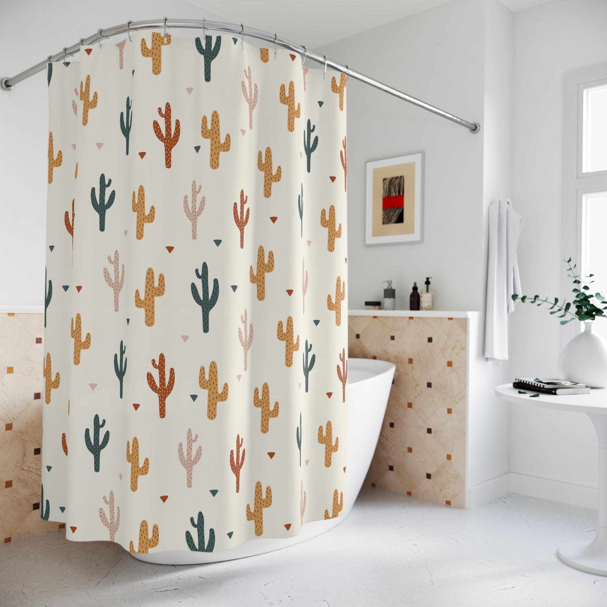Shower curtain with cactus pattern in a bathroom setting